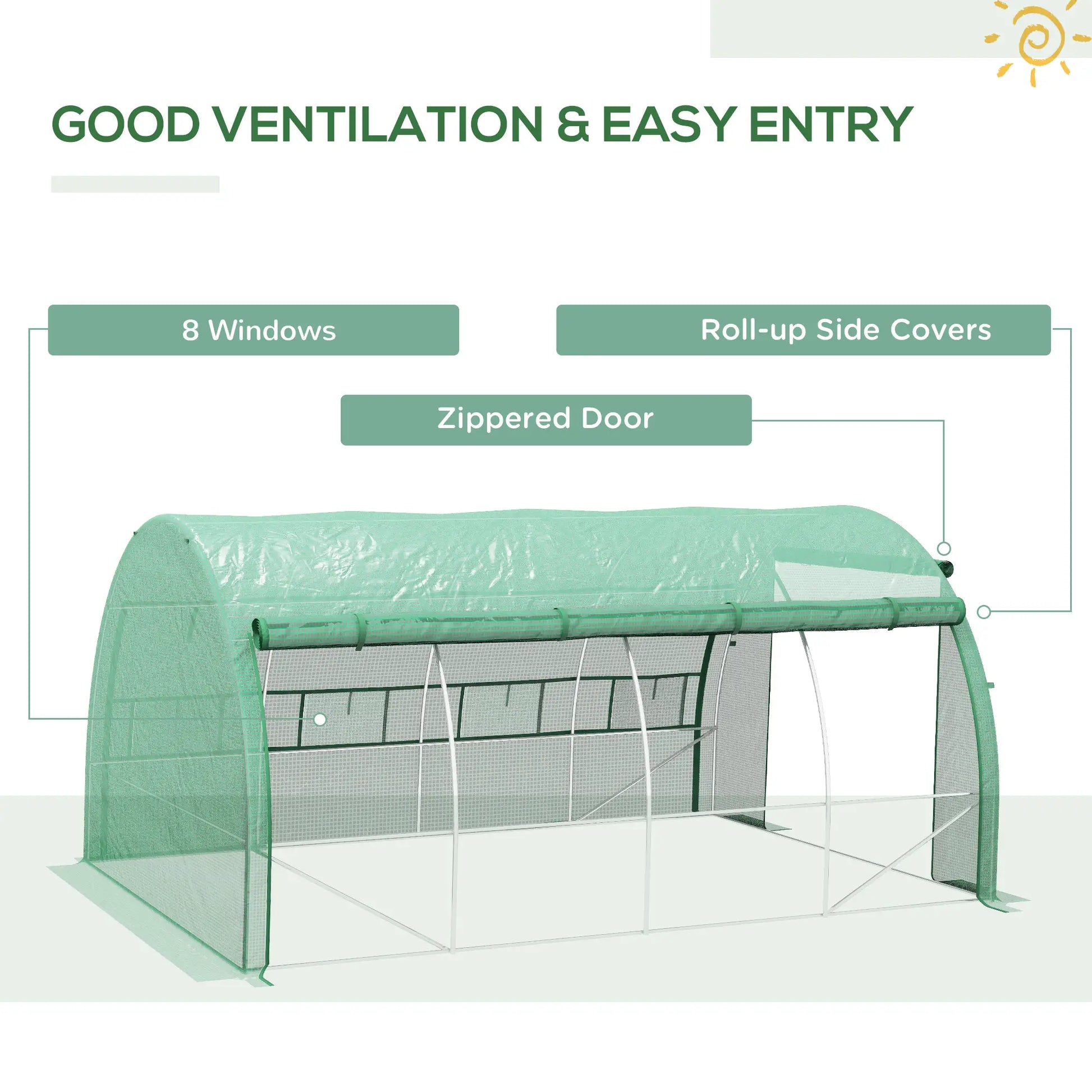 Outsunny 4x3m Walk-In Polytunnel Greenhouse with Roll-Up Sides, Green