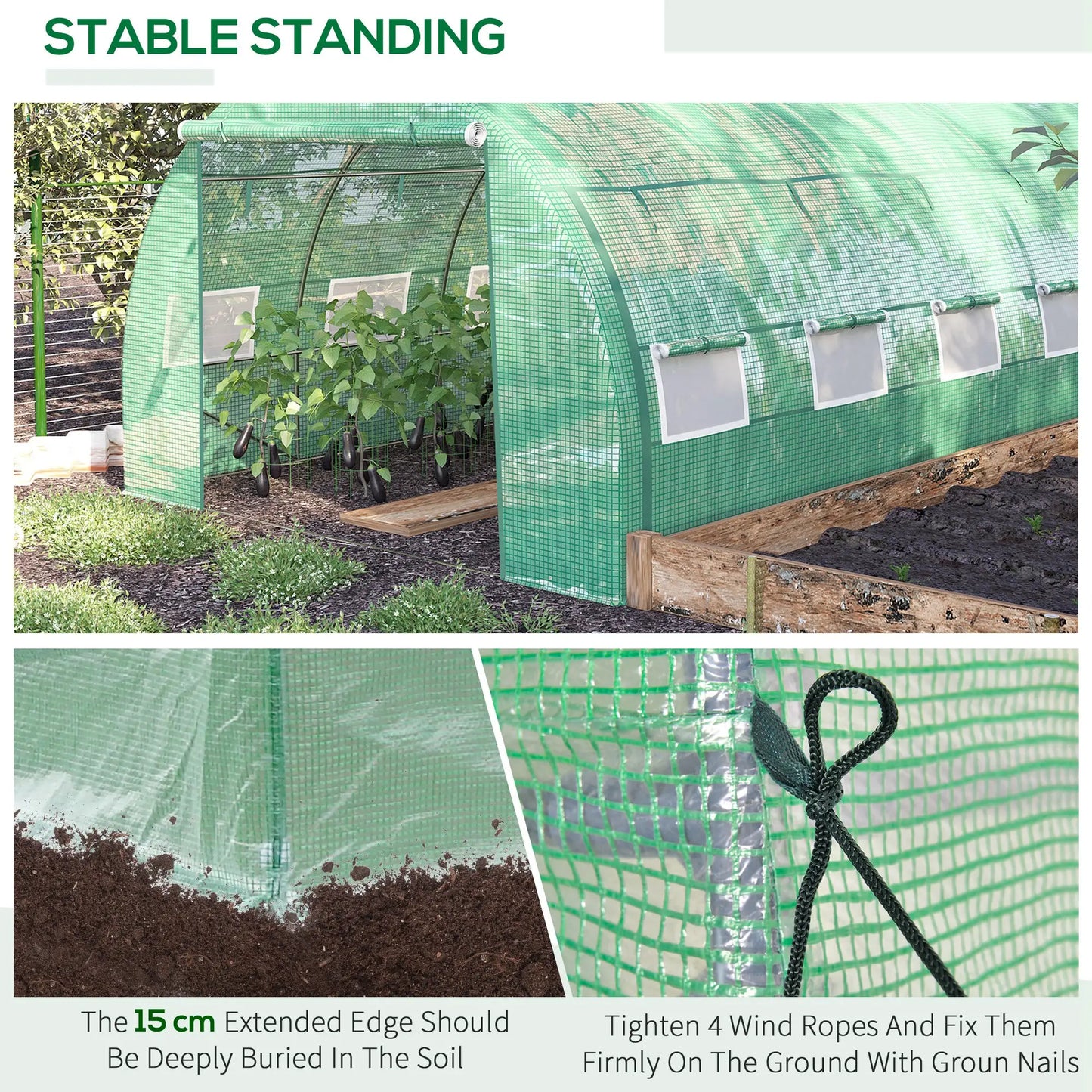 Outsunny 4x3m Walk-In Polytunnel Greenhouse with Roll-Up Sides, Green
