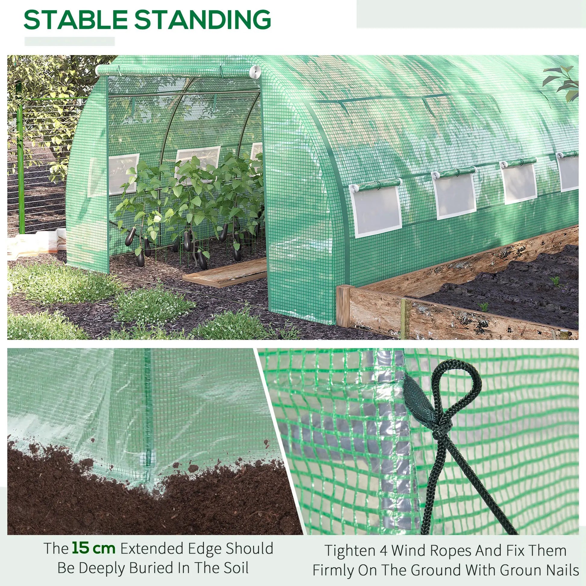Outsunny 4x3m Walk-In Polytunnel Greenhouse with Roll-Up Sides, Green