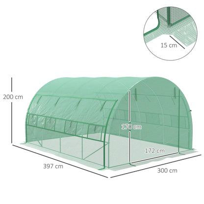 Outsunny 4x3m Walk-In Polytunnel Greenhouse with Roll-Up Sides, Green