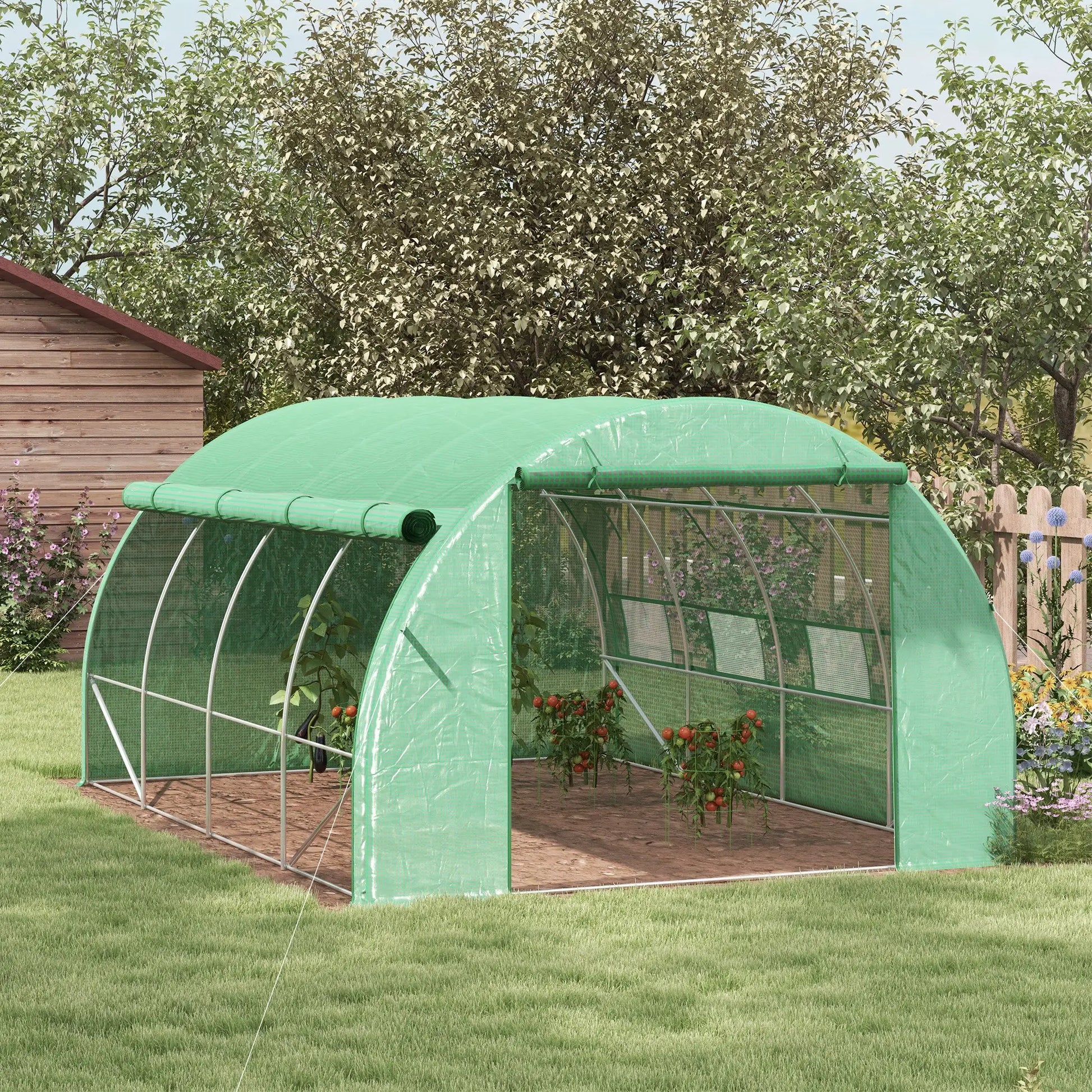 Outsunny 4x3m Walk-In Polytunnel Greenhouse with Roll-Up Sides, Green