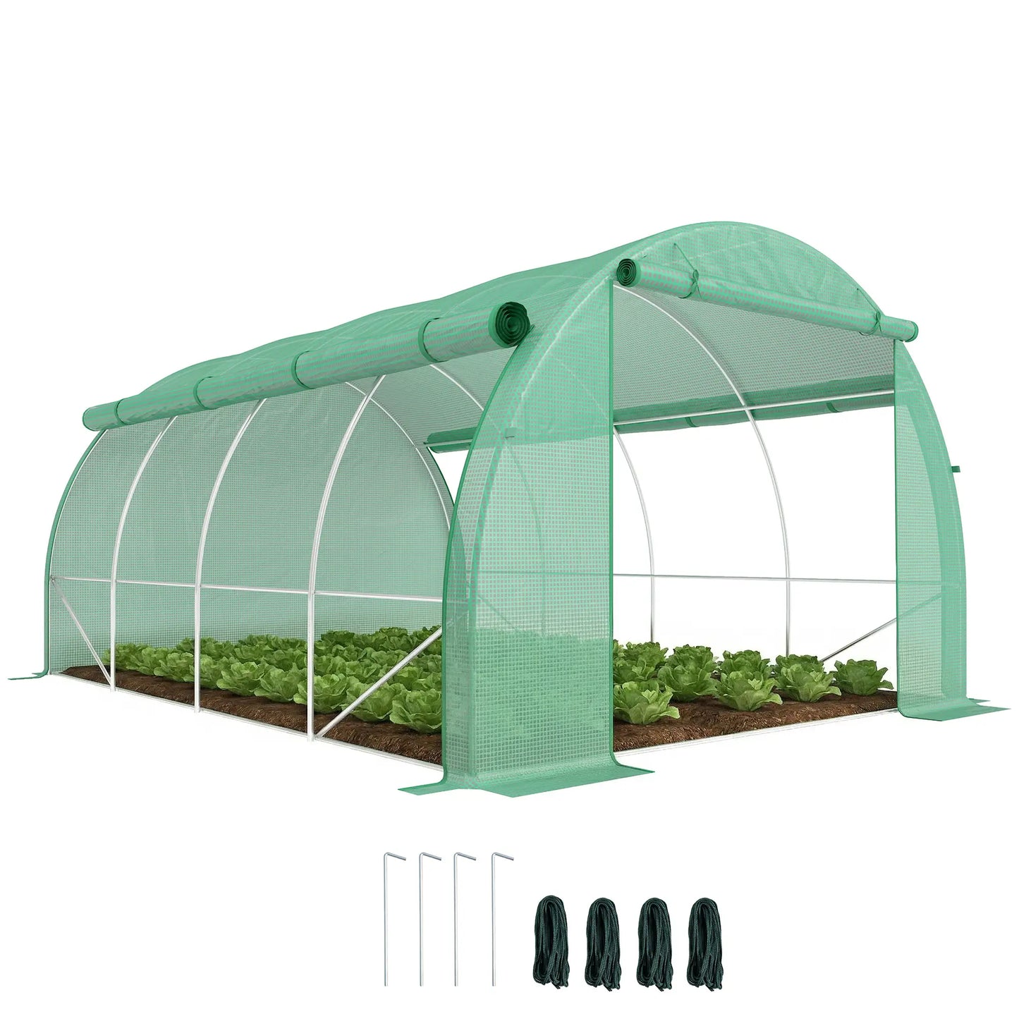 Outsunny 4x3m Walk-In Polytunnel Greenhouse with Roll-Up Sides, Green
