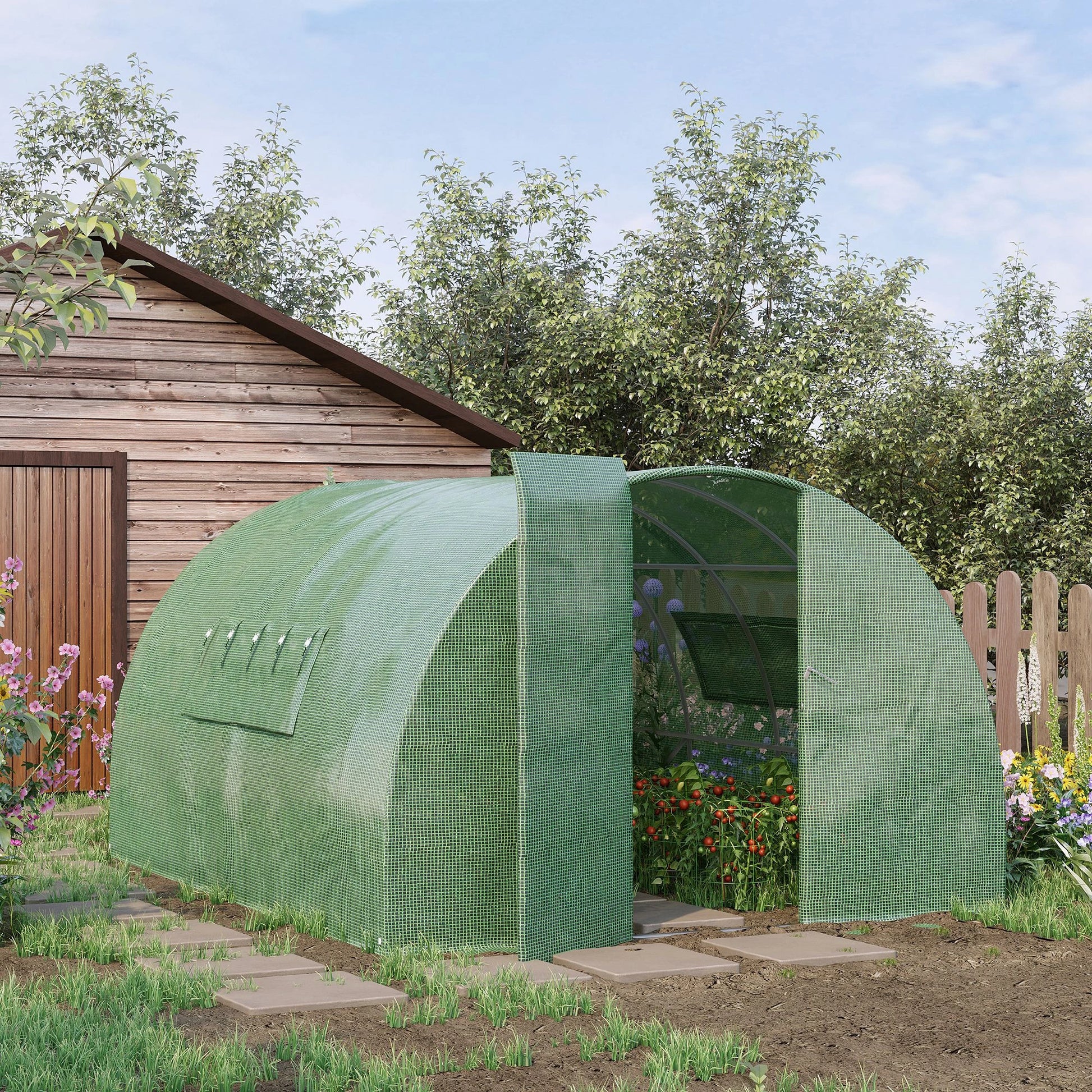 Outsunny 4x3m Walk-In Polytunnel Greenhouse with Steel Frame, Green