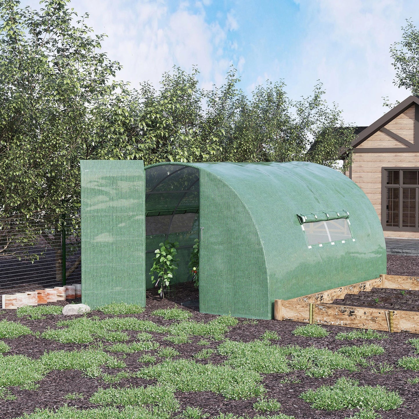 Outsunny 4x3m Walk-In Polytunnel Greenhouse with Steel Frame, Green