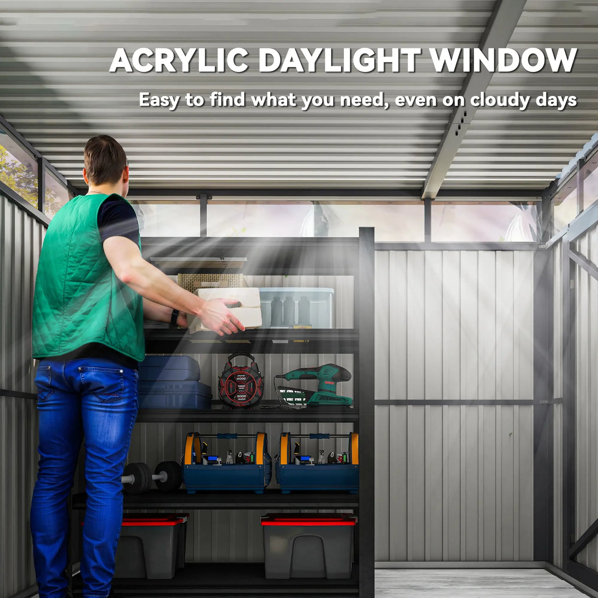 Outsunny 5.3 x 8.5ft Galvanised Steel Garden Shed with Roof Windows & Lockable Door, Dark Grey
