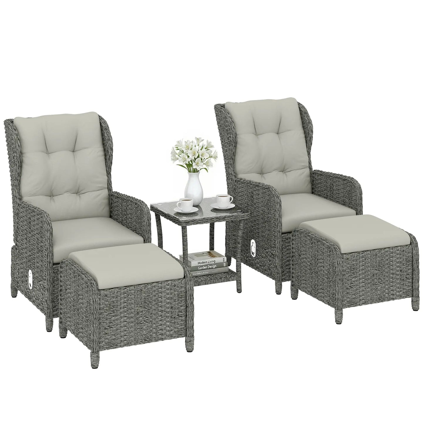 Outsunny 5 Piece Garden Furniture Set, Rattan Reclining Garden Chair Set of 2 with Footstool and Cushion for Balcony, Cream