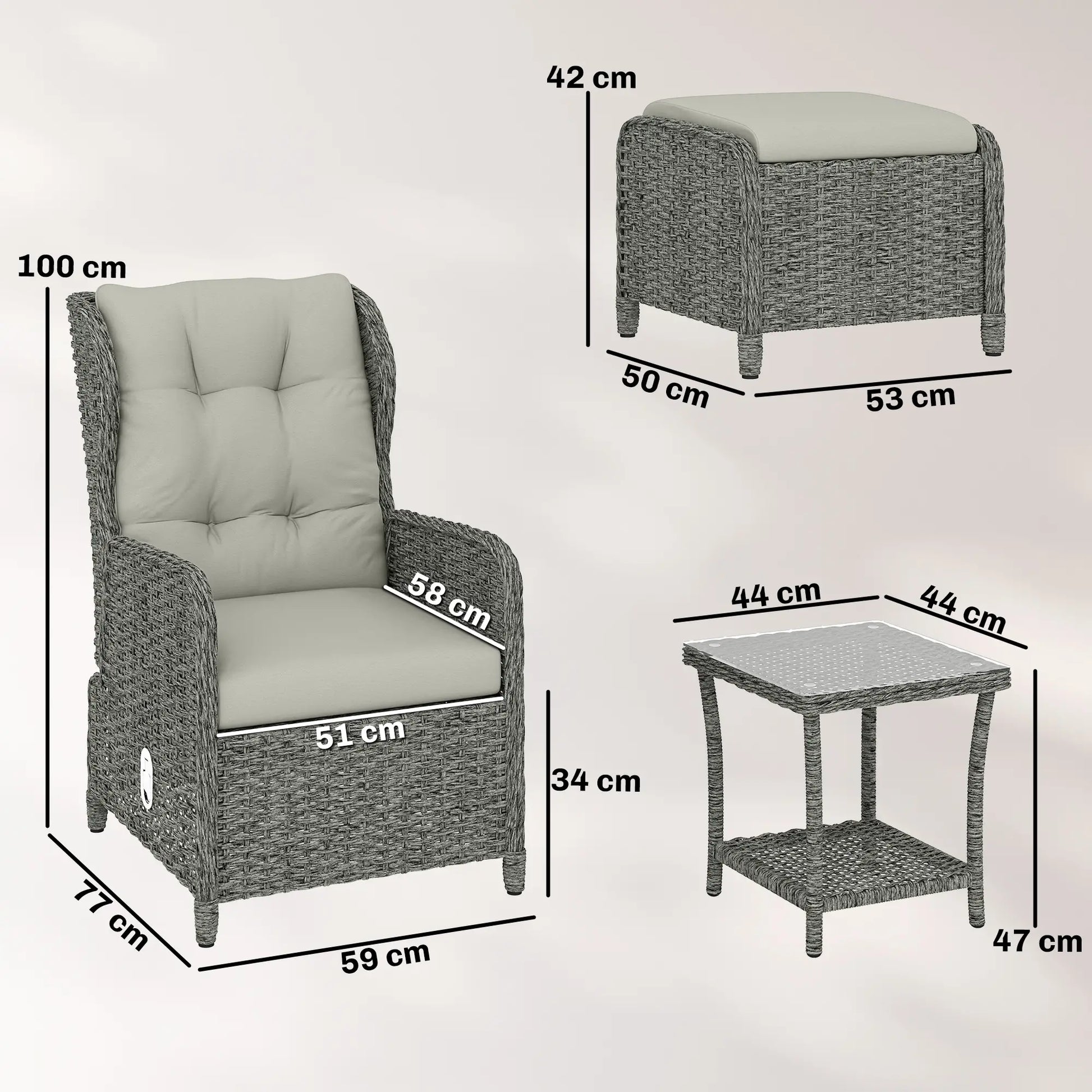 Outsunny 5 Piece Garden Furniture Set, Rattan Reclining Garden Chair Set of 2 with Footstool and Cushion for Balcony, Cream