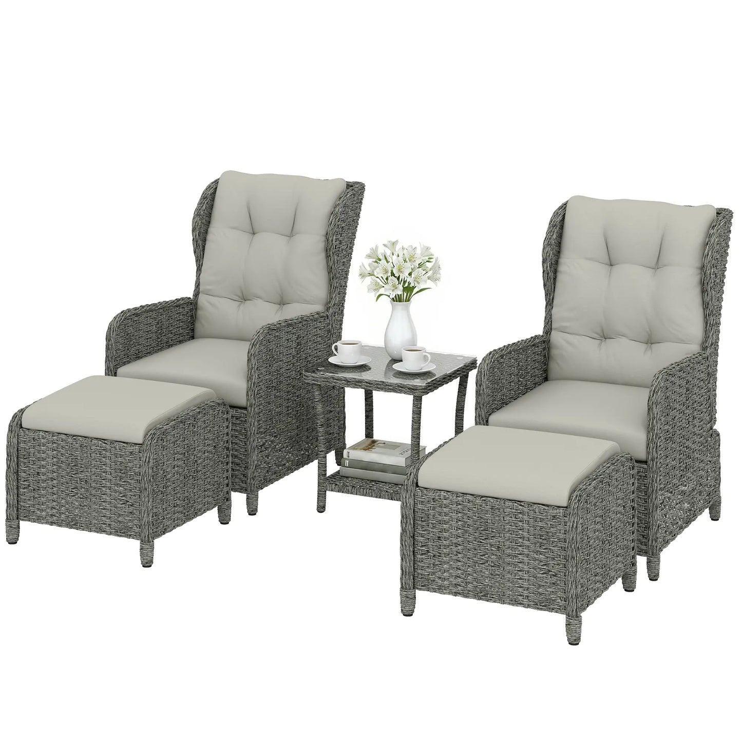 Outsunny 5 Piece Garden Furniture Set, Rattan Reclining Garden Chair Set of 2 with Footstool and Cushion for Balcony, Cream