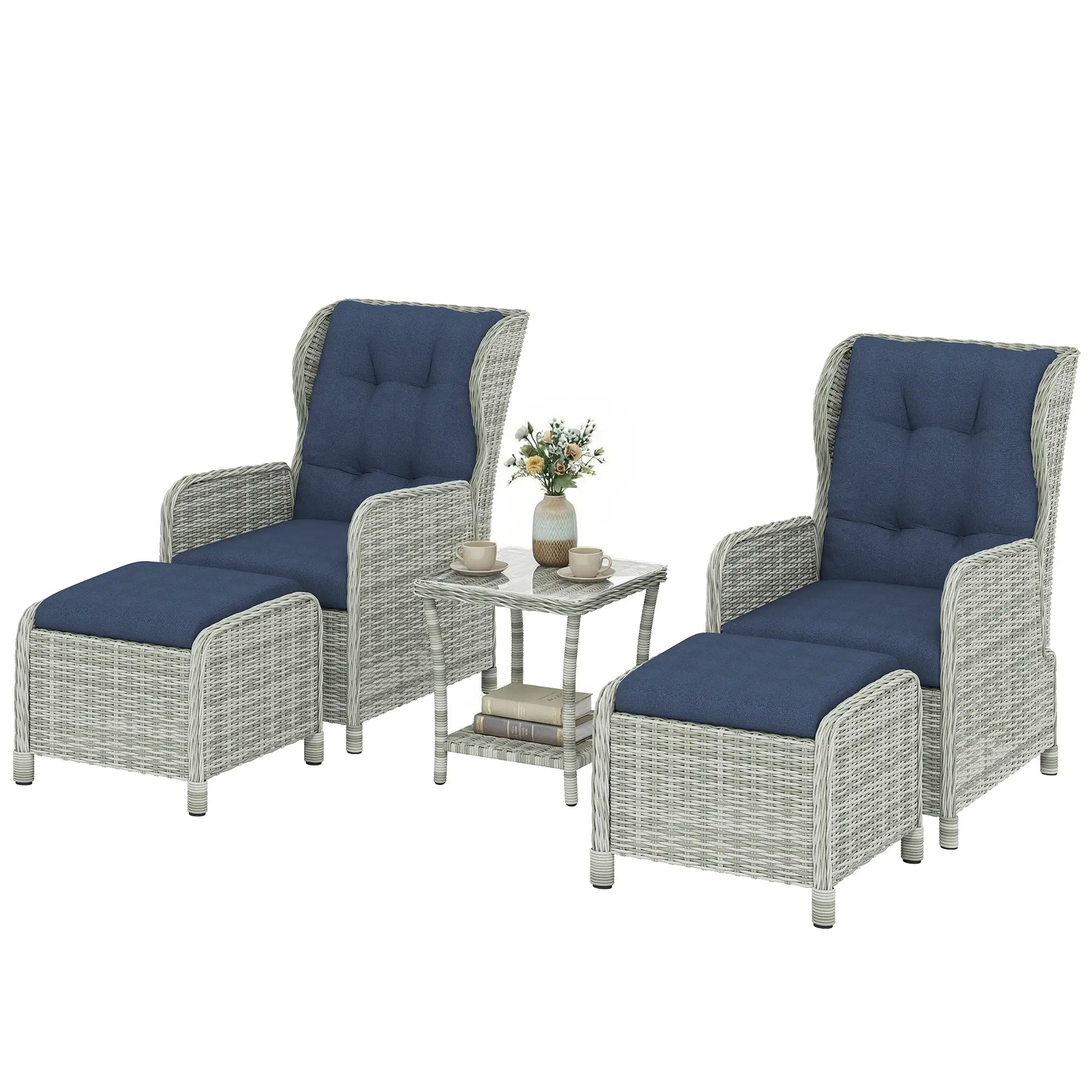 Outsunny 5 Piece Garden Furniture Set, Rattan Reclining Garden Chair Set of 2 with Footstool and Cushion for Balcony, Dark Blue