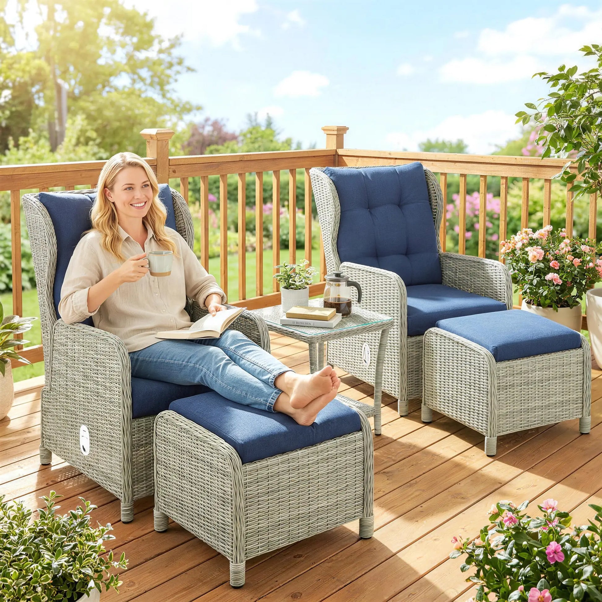 Outsunny 5 Piece Garden Furniture Set, Rattan Reclining Garden Chair Set of 2 with Footstool and Cushion for Balcony, Dark Blue