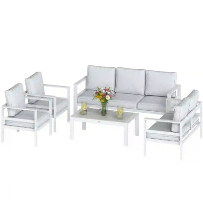 Outsunny 5 Pieces Aluminium Garden Furniture Set with Olefin Cushions, Extra Deep Outdoor Garden Sofa Set, White