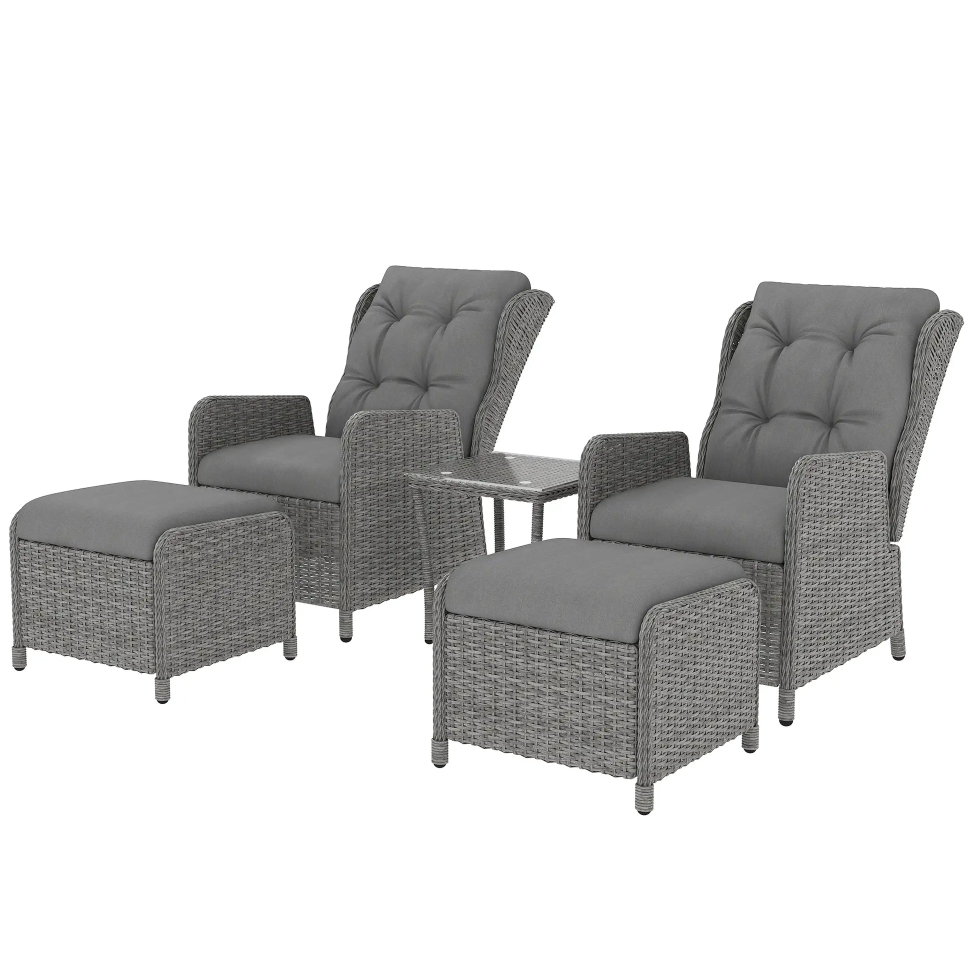 Outsunny 5 Pieces Rattan Bistro Set with Adjustable Back, Reclining Wicker Balcony Furniture with Cushions, Glass Top Coffee Table and Footstools, Outdoor Table and Chairs, Light Grey