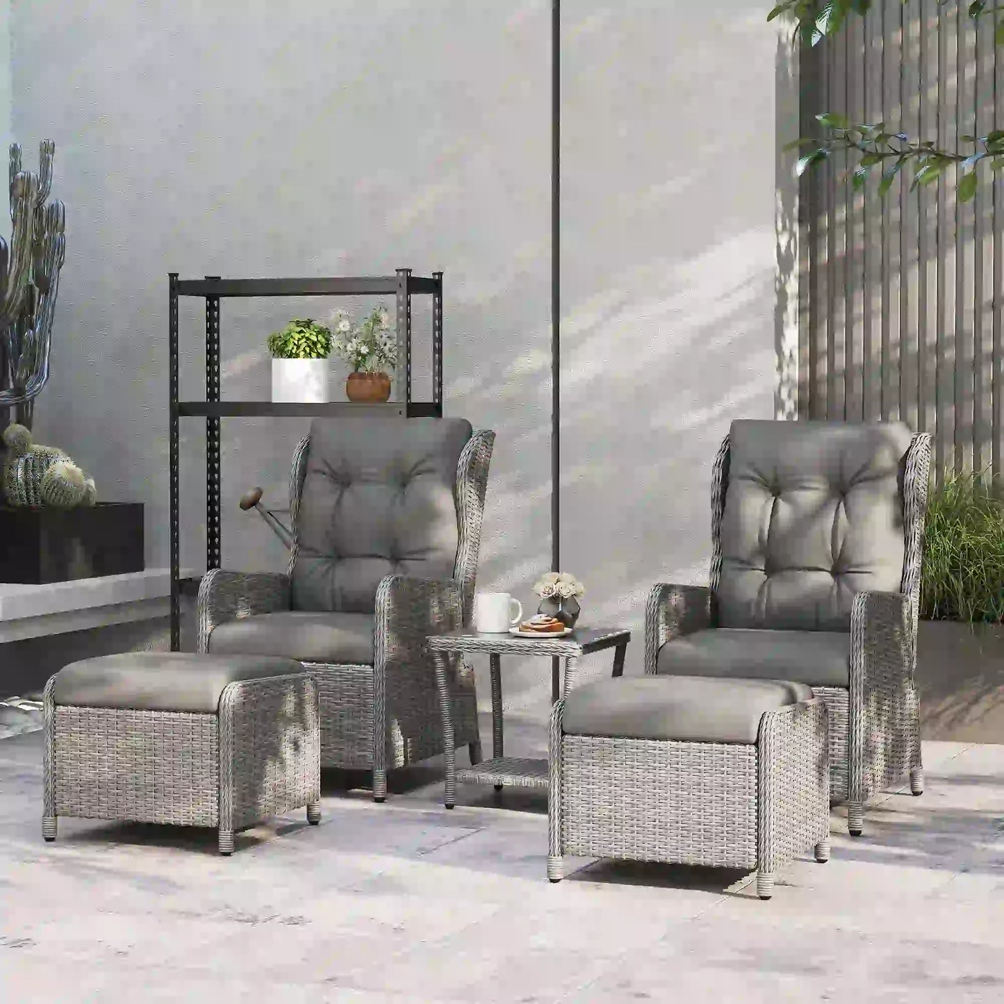 Outsunny 5 Pieces Rattan Bistro Set with Adjustable Back, Reclining Wicker Balcony Furniture with Cushions, Glass Top Coffee Table and Footstools, Outdoor Table and Chairs, Light Grey