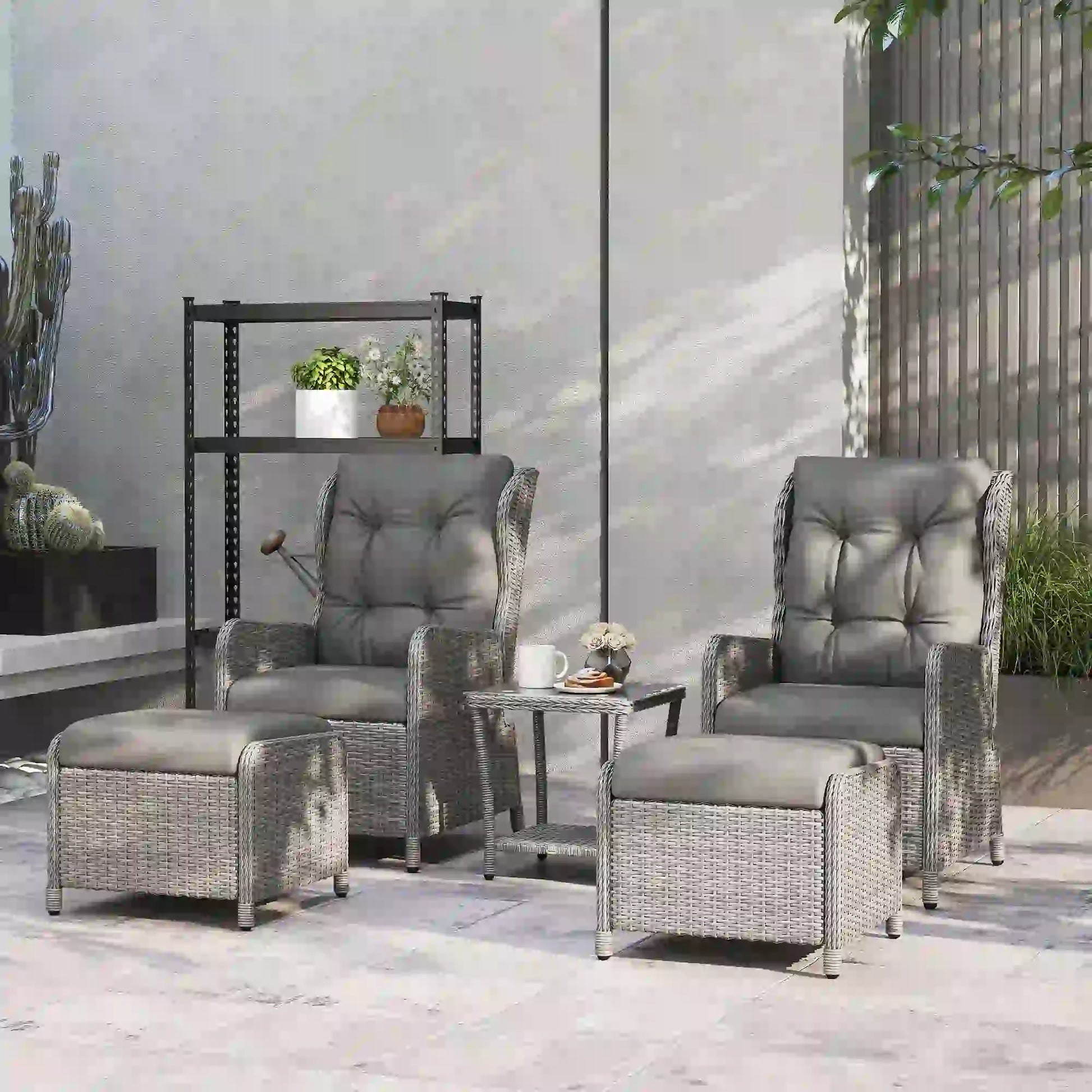 Outsunny 5 Pieces Rattan Bistro Set with Adjustable Back, Reclining Wicker Balcony Furniture with Cushions, Glass Top Coffee Table and Footstools, Outdoor Table and Chairs, Light Grey
