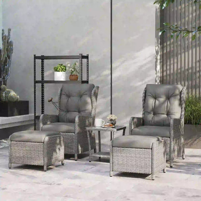 Outsunny 5 Pieces Rattan Bistro Set with Adjustable Back, Reclining Wicker Balcony Furniture with Cushions, Glass Top Coffee Table and Footstools, Outdoor Table and Chairs, Light Grey