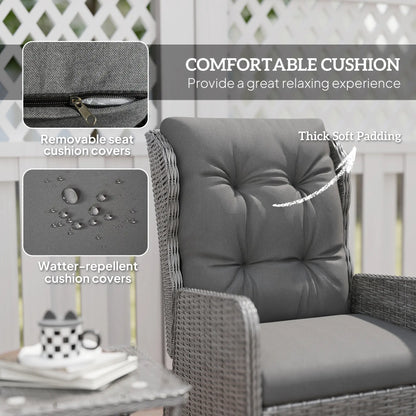 Outsunny 5 Pieces Rattan Bistro Set with Adjustable Back, Reclining Wicker Balcony Furniture with Cushions, Glass Top Coffee Table and Footstools, Outdoor Table and Chairs, Light Grey