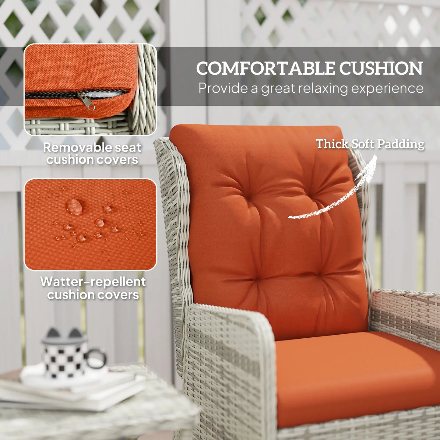 Outsunny 5 Pieces Rattan Bistro Set with Adjustable Back, Reclining Wicker Balcony Furniture with Cushions, Glass Top Coffee Table and Footstools, Outdoor Table and Chairs, Orange