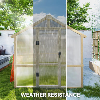 Outsunny 6.6 x 6ft Polycarbonate Greenhouse, Walk-in Wooden Greenhouse with Lockable Door and Window, Garden Plants Grow House, Brown