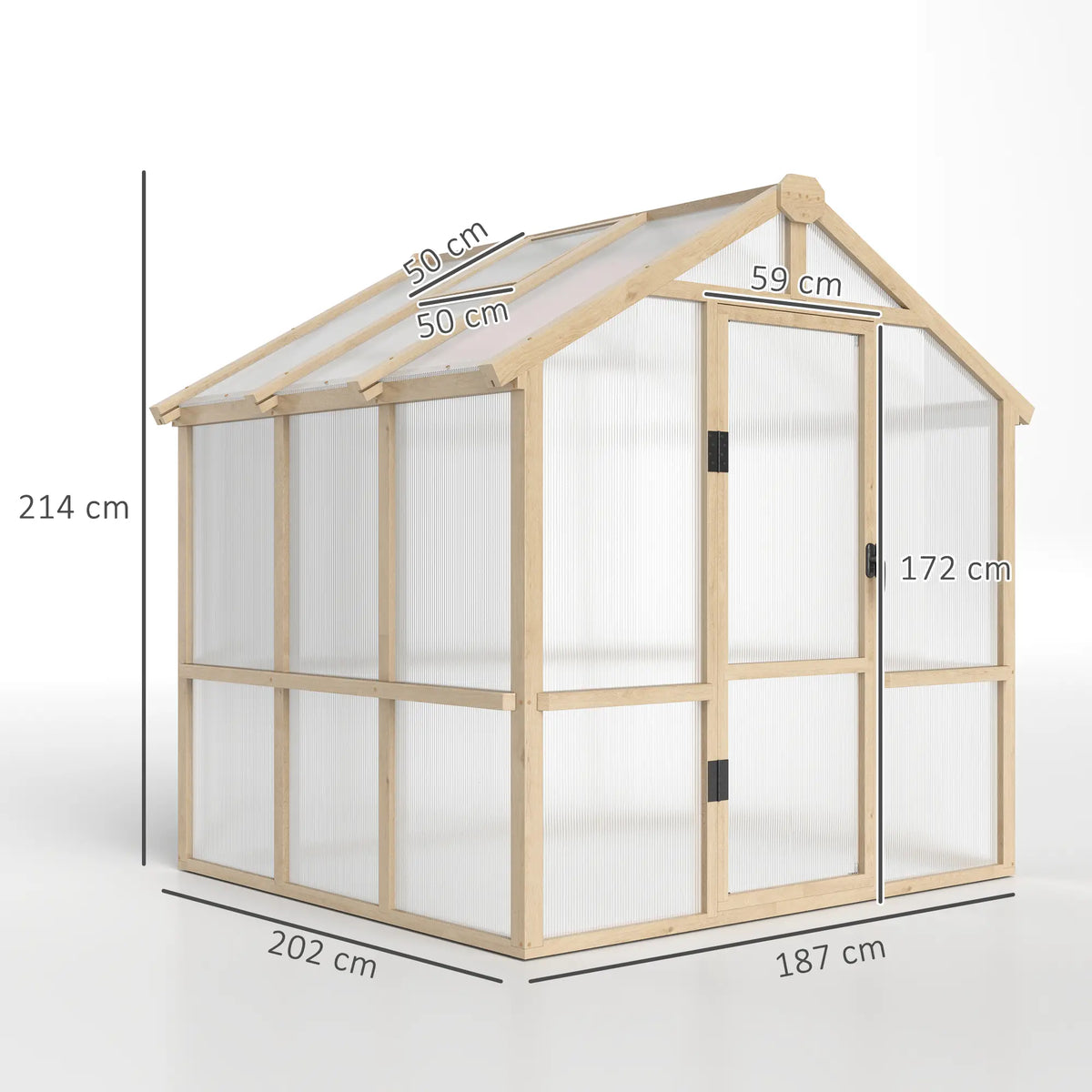 Outsunny 6.6 x 6ft Polycarbonate Greenhouse, Walk-in Wooden Greenhouse with Lockable Door and Window, Garden Plants Grow House, Brown