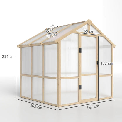 Outsunny 6.6 x 6ft Polycarbonate Greenhouse, Walk-in Wooden Greenhouse with Lockable Door and Window, Garden Plants Grow House, Brown