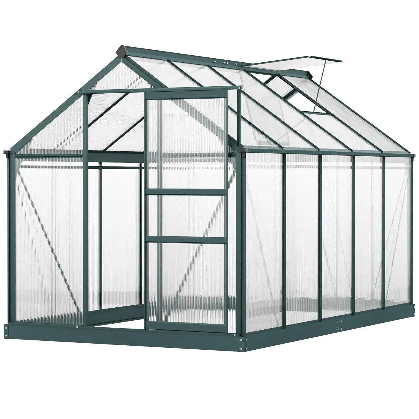 Outsunny 6 x 10ft Polycarbonate Greenhouse, Large Walk-In Green House with Slide Door and Window, Garden Plants Grow House with Aluminium Frame and Foundation, Dark Green