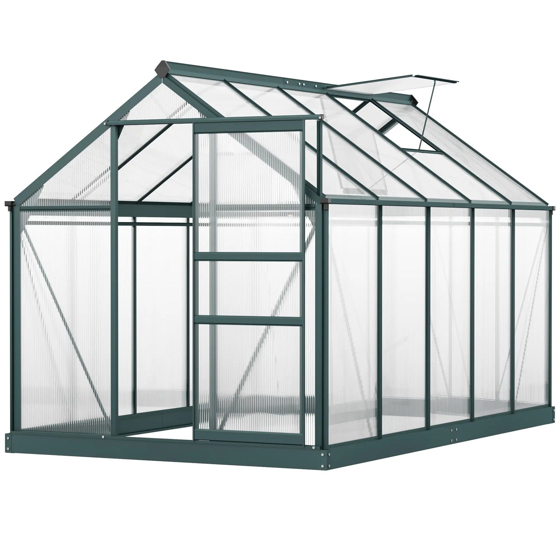 Outsunny 6 x 10ft Polycarbonate Greenhouse, Large Walk-In Green House with Slide Door and Window, Garden Plants Grow House with Aluminium Frame and Foundation, Dark Green