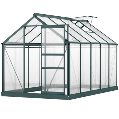 Outsunny 6 x 10ft Polycarbonate Greenhouse, Large Walk-In Green House with Slide Door and Window, Garden Plants Grow House with Aluminium Frame and Foundation, Dark Green