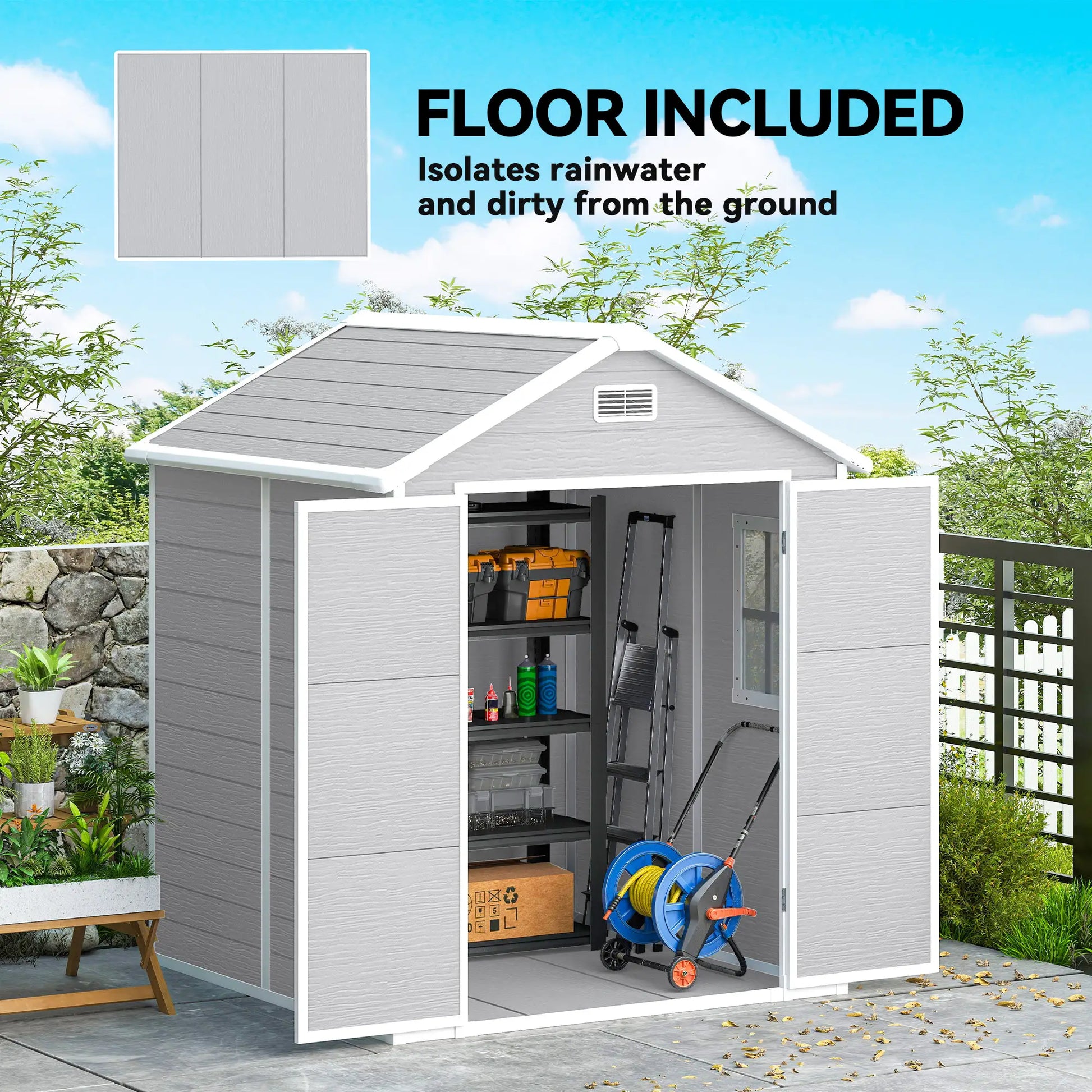 Outsunny 6 x 5ft Garden Shed, Plastic Shed with Floor, Window, Lockable Doors and Vents, Wood Effect Resin Tool Shed for Outdoor Patio, Light Grey