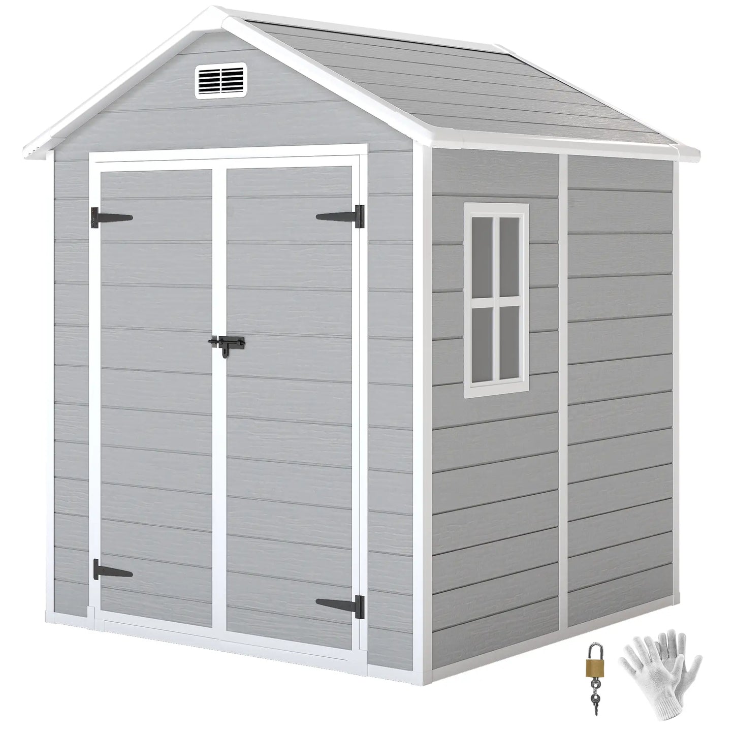 Outsunny 6 x 5ft Garden Shed, Plastic Shed with Floor, Window, Lockable Doors and Vents, Wood Effect Resin Tool Shed for Outdoor Patio, Light Grey