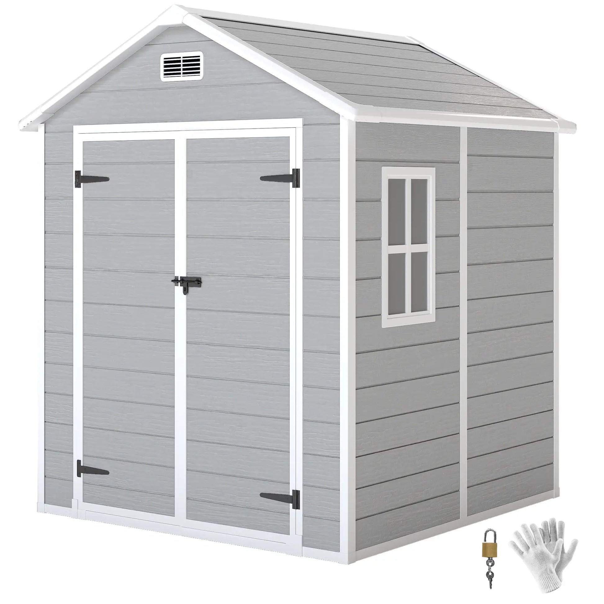 Outsunny 6 x 5ft Garden Shed, Plastic Shed with Floor, Window, Lockable Doors and Vents, Wood Effect Resin Tool Shed for Outdoor Patio, Light Grey