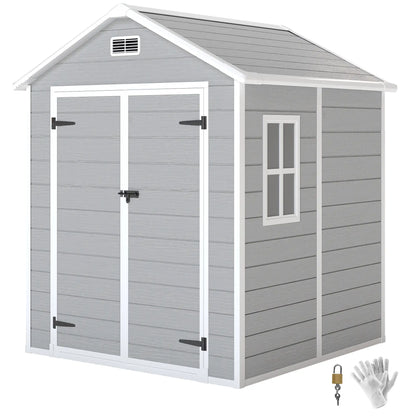 Outsunny 6 x 5ft Garden Shed, Plastic Shed with Floor, Window, Lockable Doors and Vents, Wood Effect Resin Tool Shed for Outdoor Patio, Light Grey