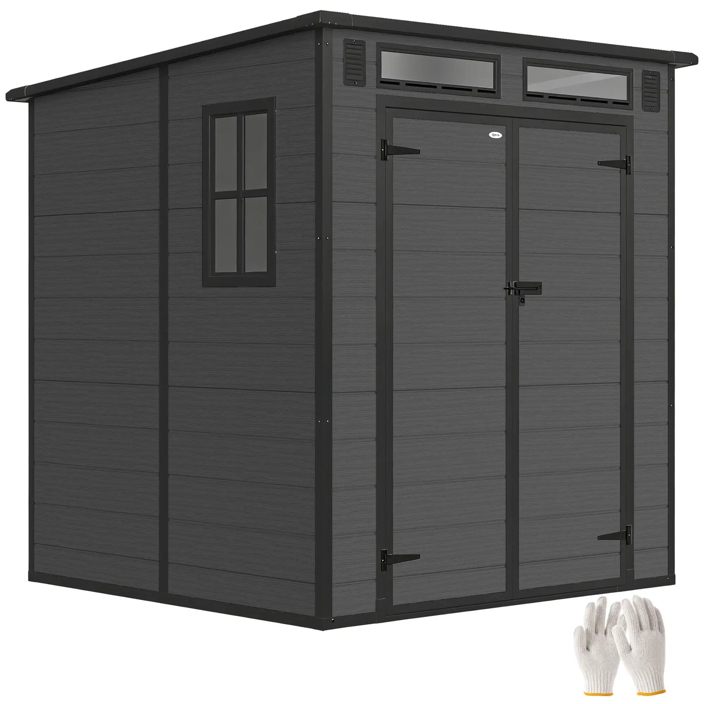 Outsunny 6 x 6 ft Plastic Garden Shed, Wood-Effect Outdoor Storage Shed with Floor, Windows, Lockable Doors and Vents, Dark Grey