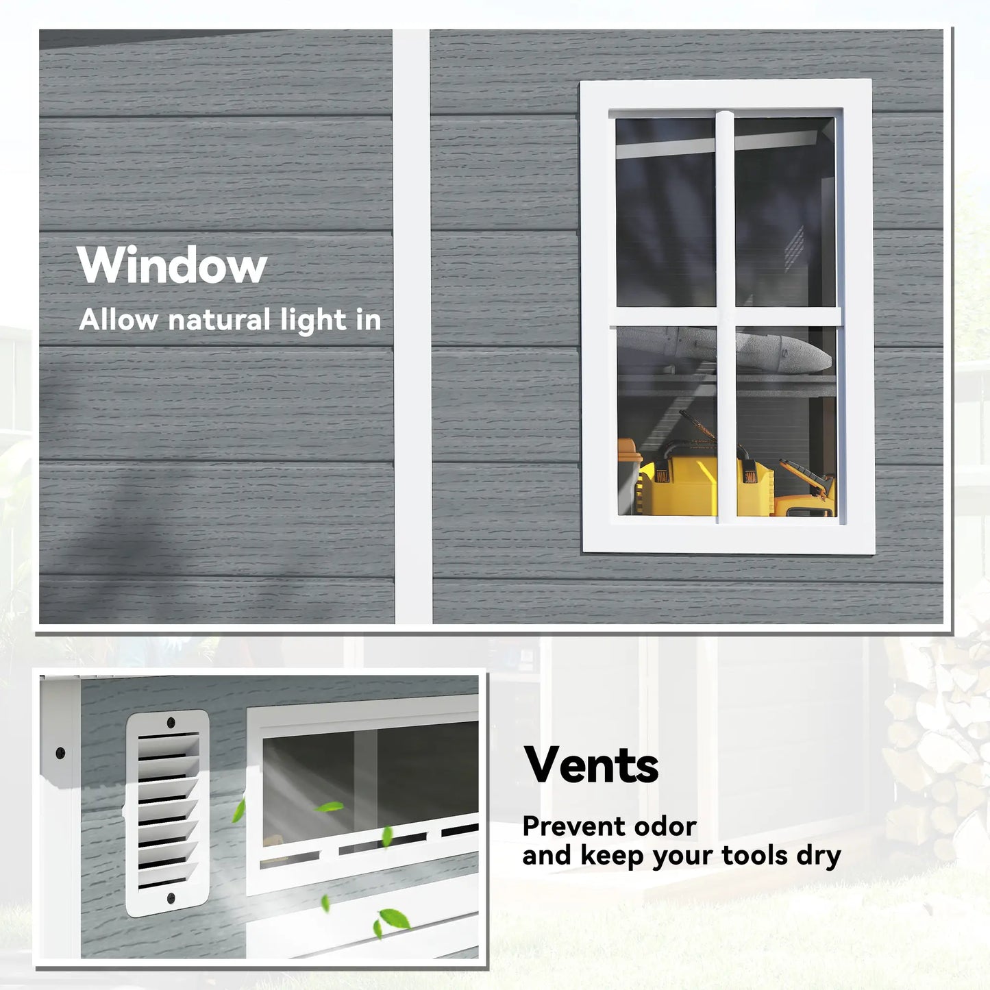 Outsunny 6 x 6 ft Plastic Garden Shed, Wood-Effect Outdoor Storage Shed with Floor, Windows, Lockable Doors and Vents, Grey