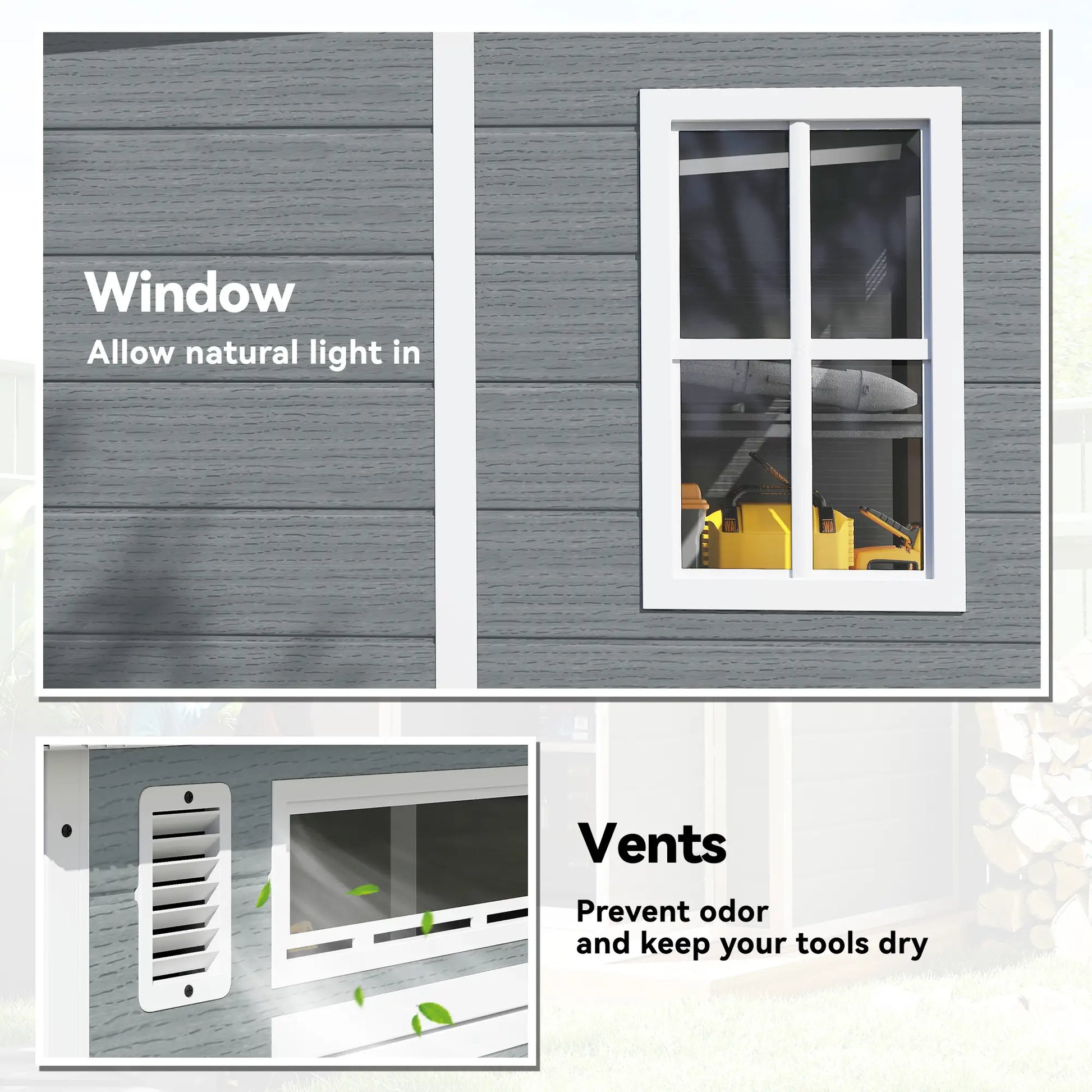 Outsunny 6 x 6 ft Plastic Garden Shed, Wood-Effect Outdoor Storage Shed with Floor, Windows, Lockable Doors and Vents, Grey