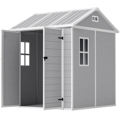 Outsunny 6 x 6ft Resin Garden Shed with Floor, Window, Vents & Lockable Doors – Grey