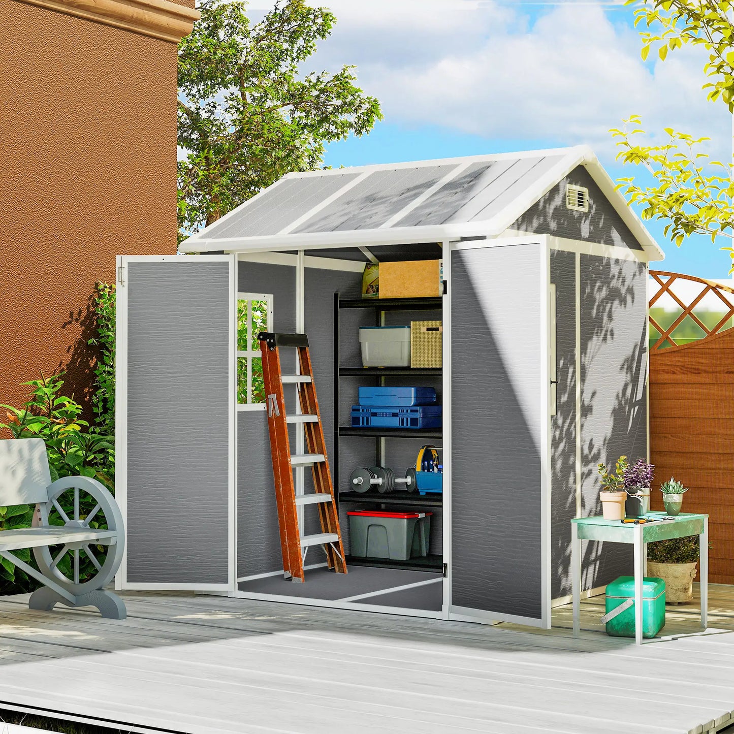 Outsunny 6 x 6ft Resin Garden Shed with Floor, Window, Vents & Lockable Doors – Grey
