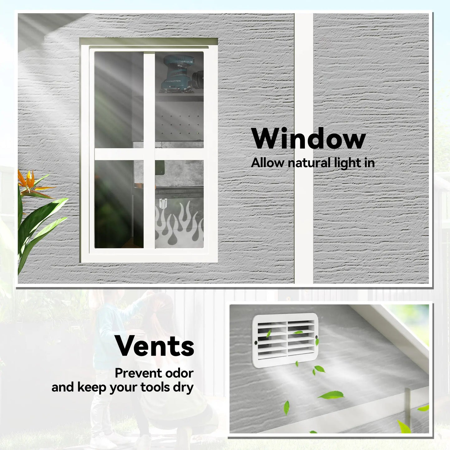 Outsunny 6 x 6ft Resin Garden Shed with Floor, Window, Vents & Lockable Doors – Grey