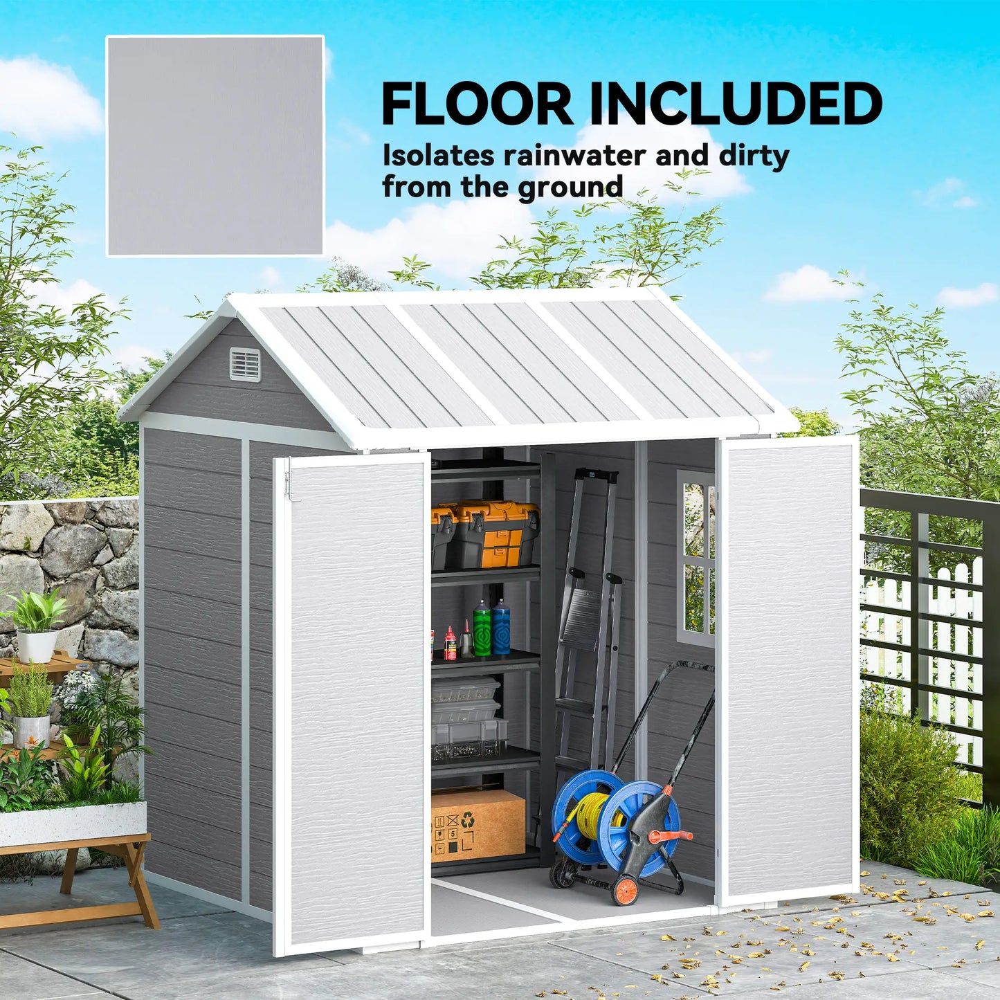 Outsunny 6 x 6ft Resin Garden Shed with Floor, Window, Vents & Lockable Doors – Grey