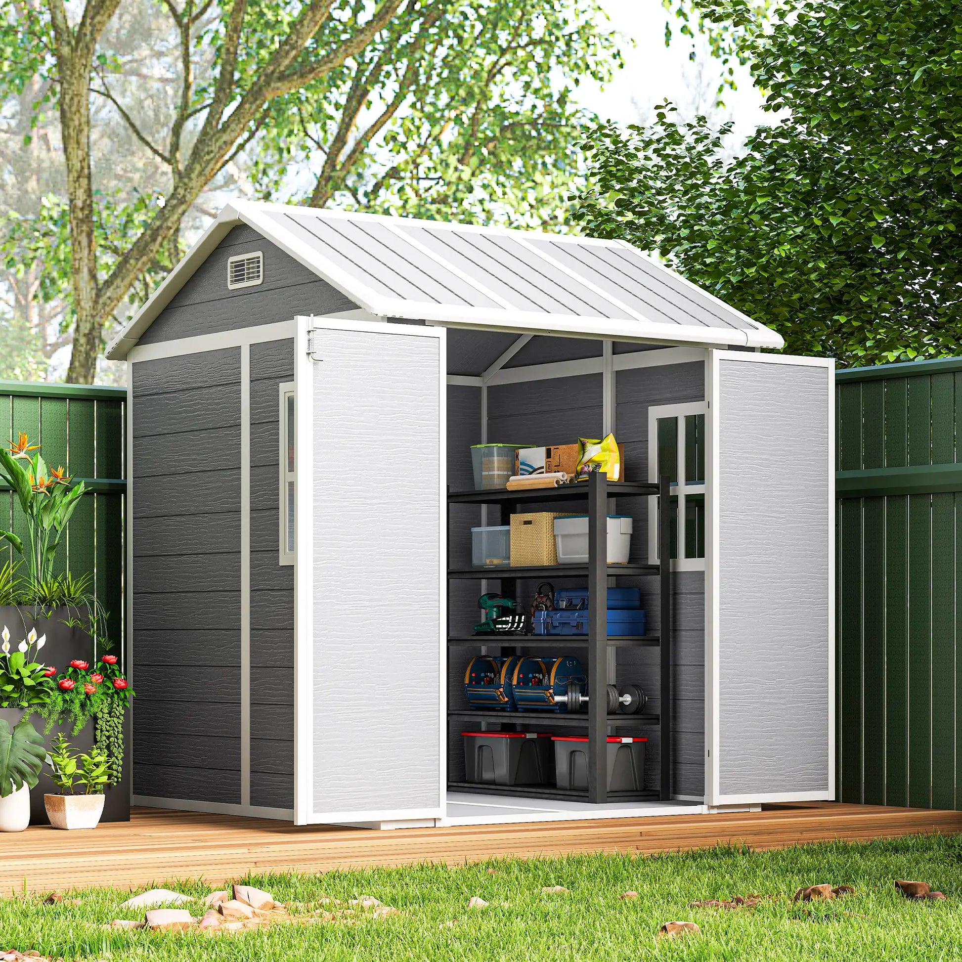 Outsunny 6 x 6ft Resin Garden Shed with Floor, Window, Vents & Lockable Doors – Grey