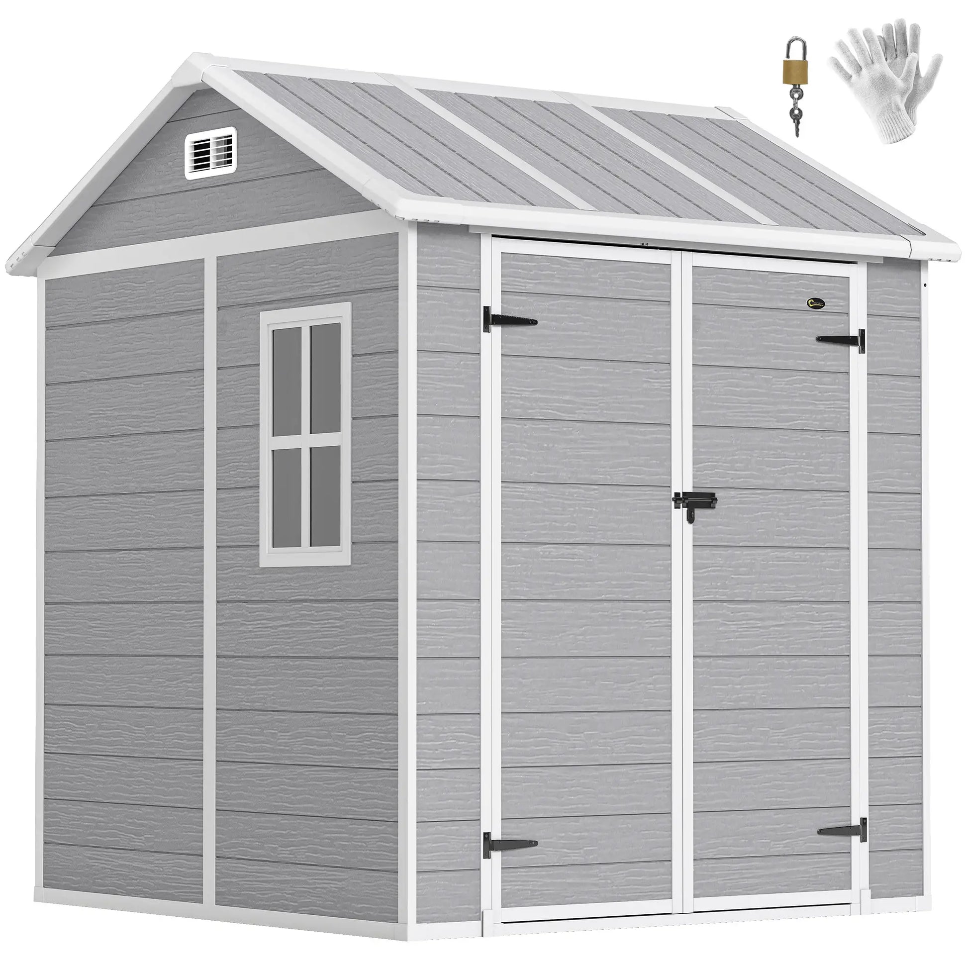 Outsunny 6 x 6ft Resin Garden Shed with Floor, Window, Vents & Lockable Doors – Grey