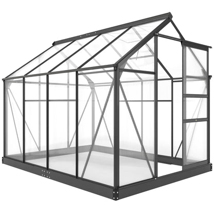 Outsunny 6 x 8ft Polycarbonate Greenhouse, Large Walk in Green House with Slide Door and Window, Garden Plants Grow House with Aluminium Frame and Foundation, Grey