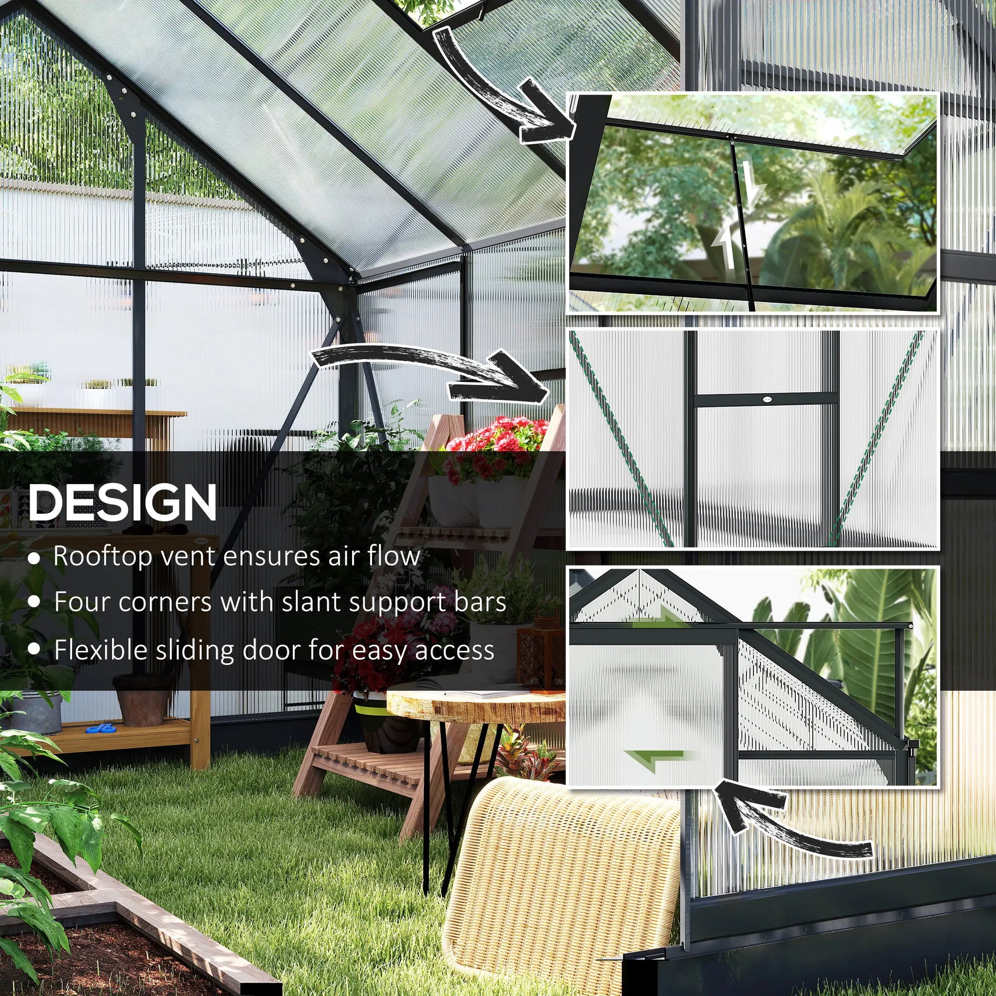 Outsunny 6 x 8ft Polycarbonate Greenhouse, Large Walk in Green House with Slide Door and Window, Garden Plants Grow House with Aluminium Frame and Foundation, Grey
