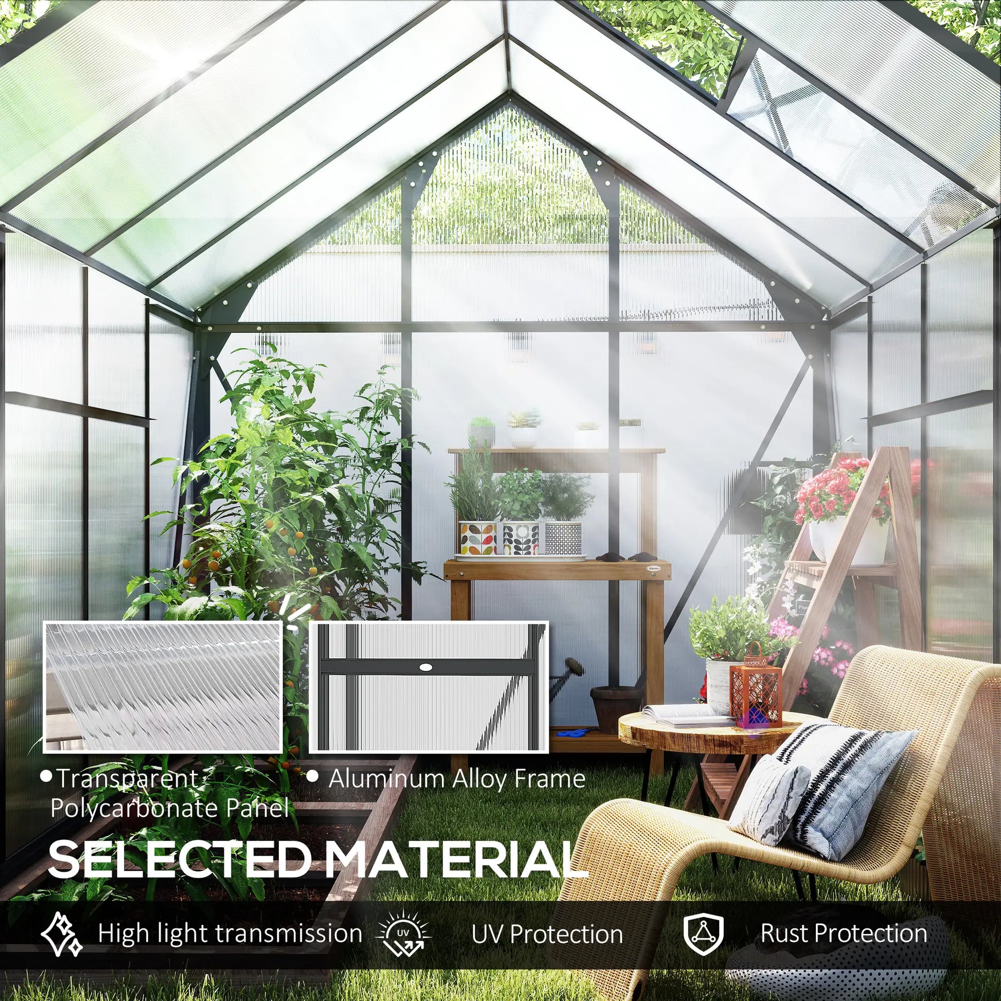 Outsunny 6 x 8ft Polycarbonate Greenhouse, Large Walk in Green House with Slide Door and Window, Garden Plants Grow House with Aluminium Frame and Foundation, Grey