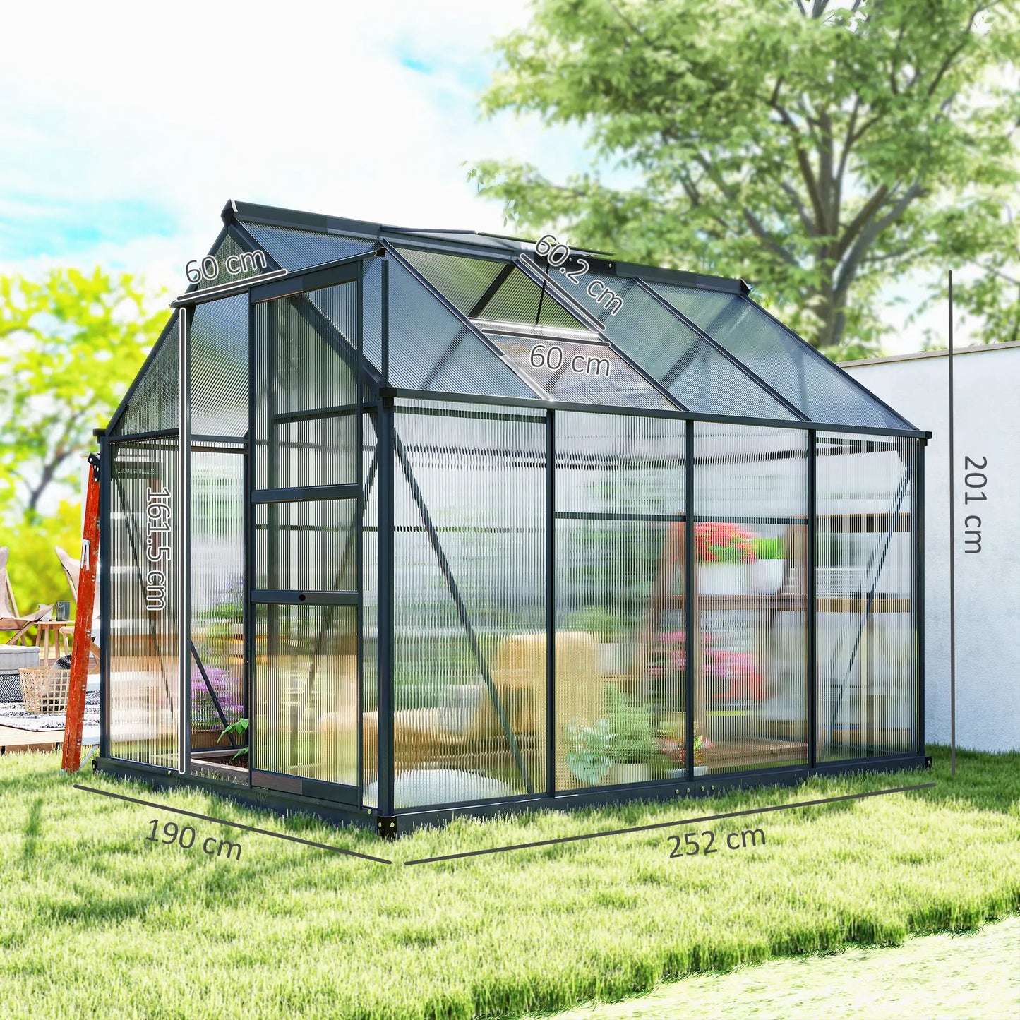 Outsunny 6 x 8ft Polycarbonate Greenhouse, Large Walk in Green House with Slide Door and Window, Garden Plants Grow House with Aluminium Frame and Foundation, Grey