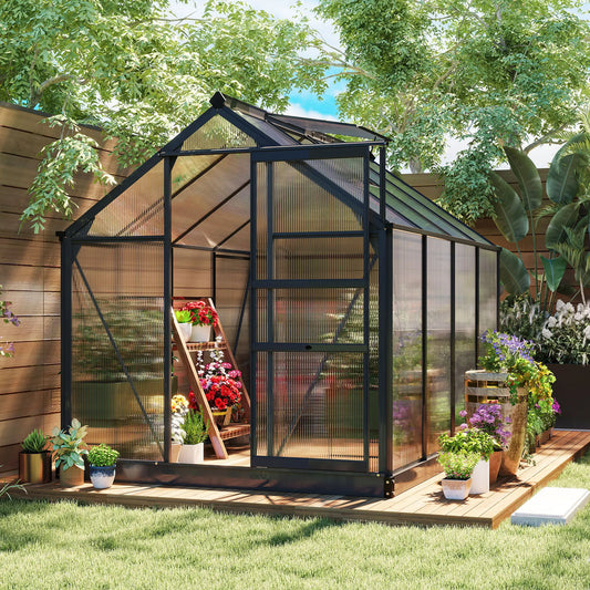 Outsunny 6 x 8ft Polycarbonate Greenhouse, Large Walk in Green House with Slide Door and Window, Garden Plants Grow House with Aluminium Frame and Foundation, Grey