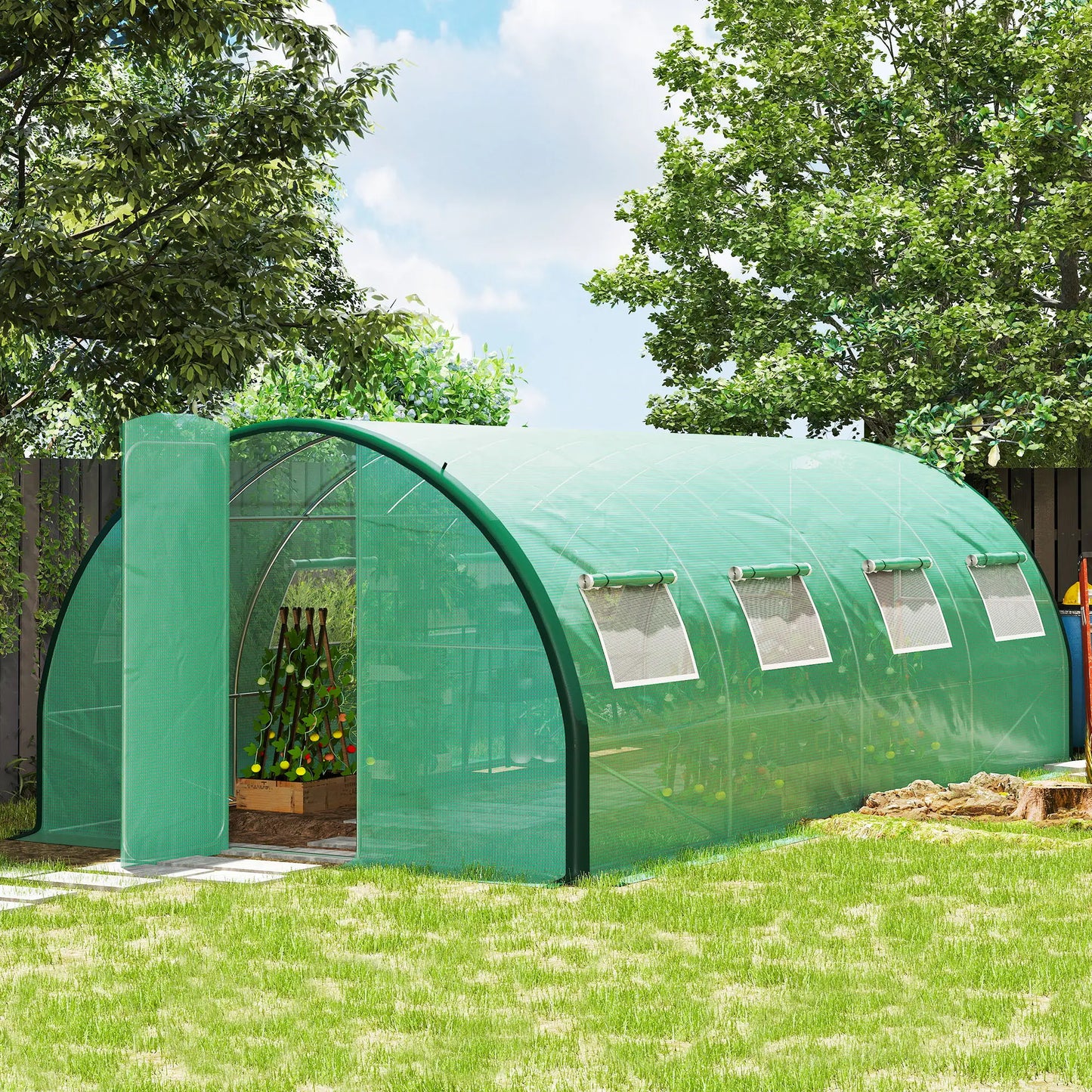 Outsunny 6x3m Walk-In Polytunnel Greenhouse with Dual Hinged Doors, Green