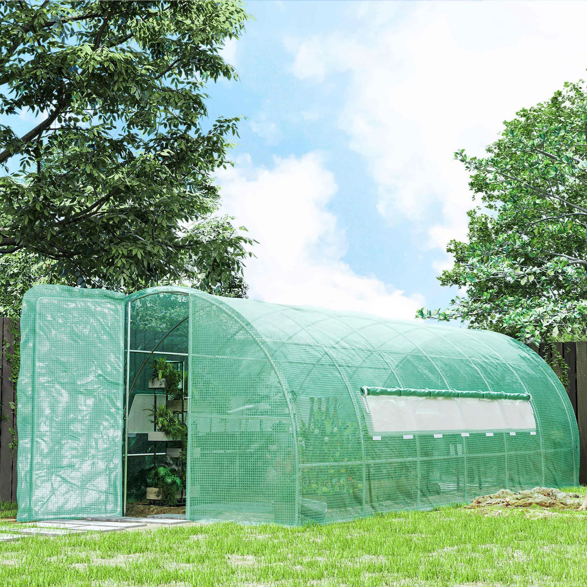 Outsunny 6x3m Walk-In Polytunnel Greenhouse with Hinged Door, Green