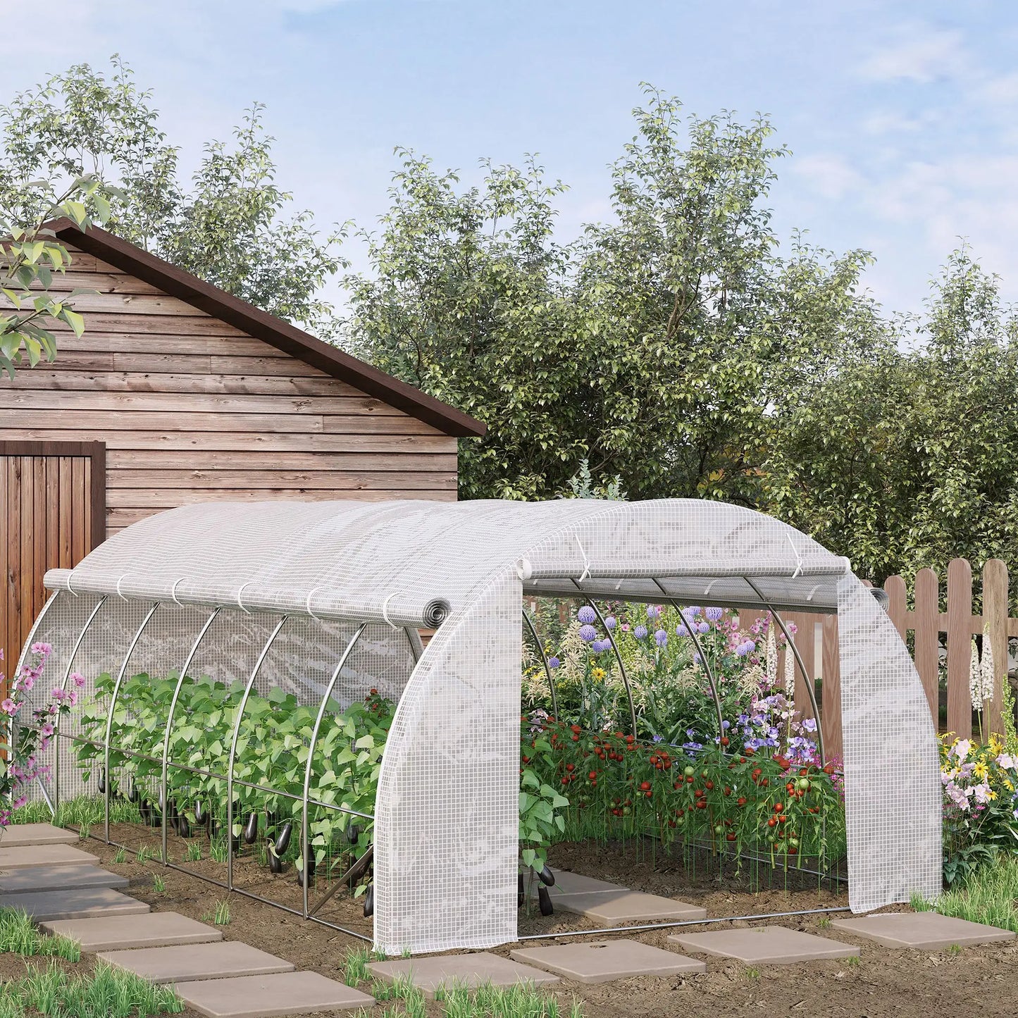 Outsunny 6x3m Walk-In Polytunnel Greenhouse with Roll-Up Sides, White