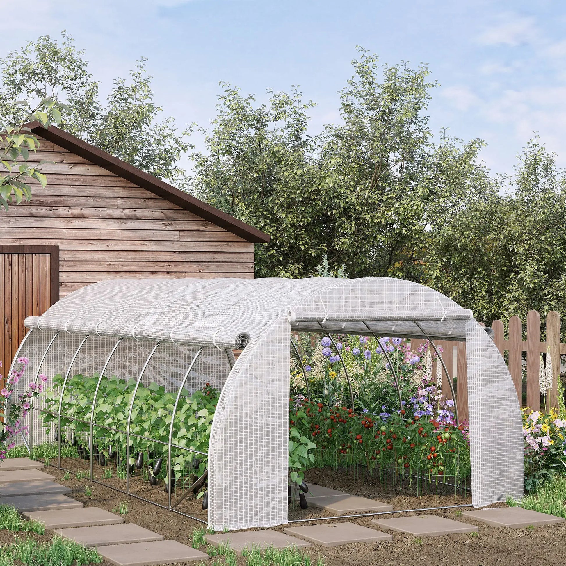 Outsunny 6x3m Walk-In Polytunnel Greenhouse with Roll-Up Sides, White
