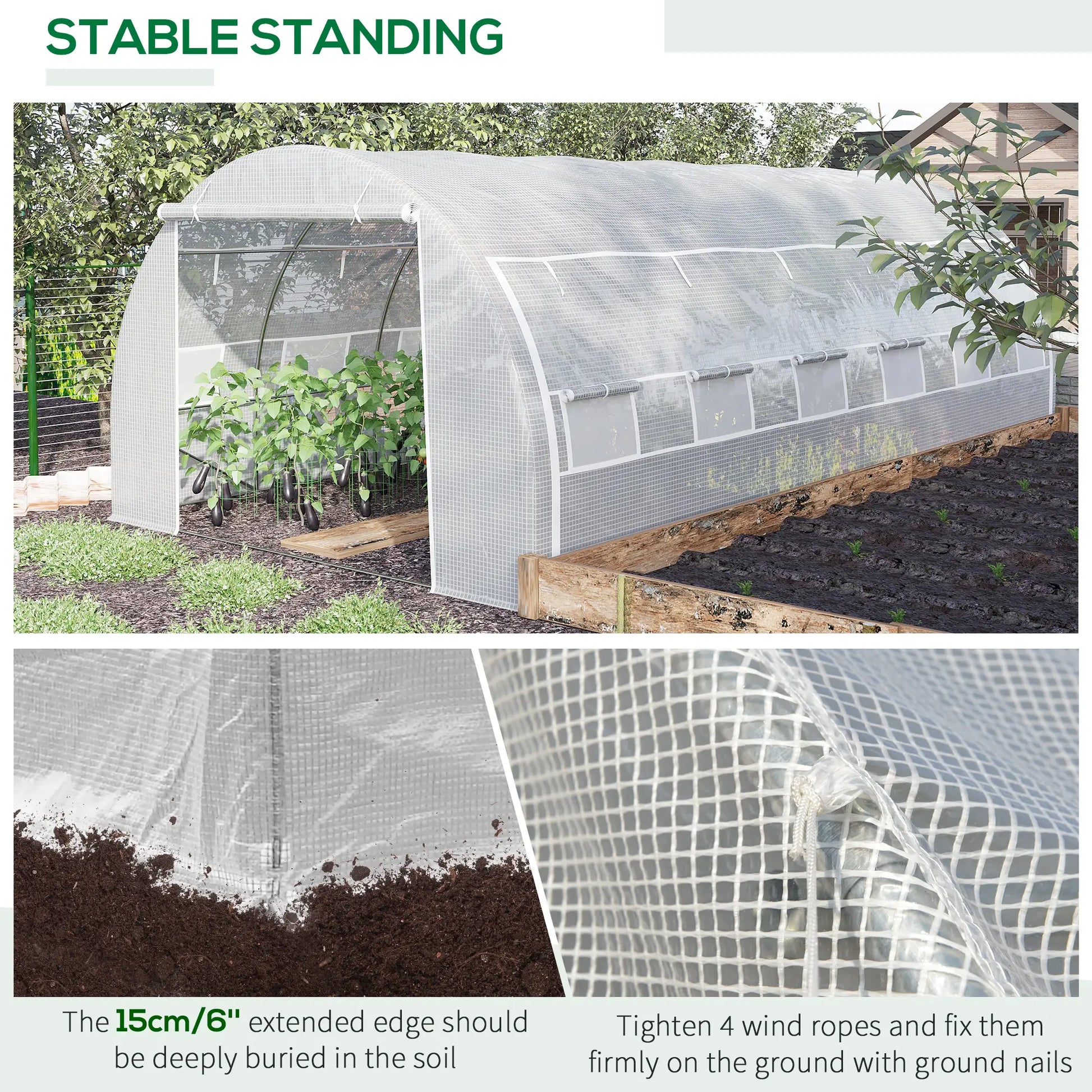 Outsunny 6x3m Walk-In Polytunnel Greenhouse with Roll-Up Sides, White